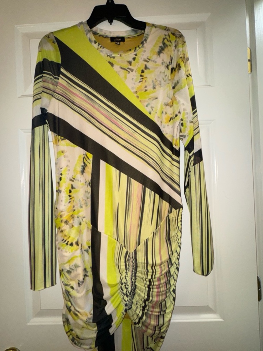 AFRM Yellow, Black & White Long-Sleeve Ruched Shift Dress
